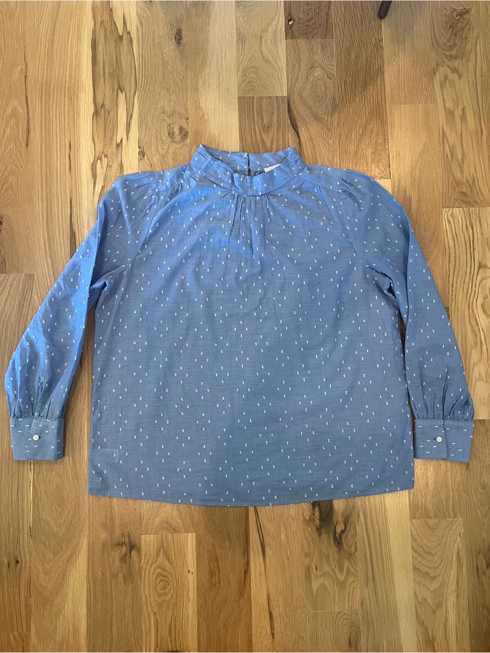 LOFT Blue Long-Sleeve Mock Neck Blouse with White Embroidered Details - Size L